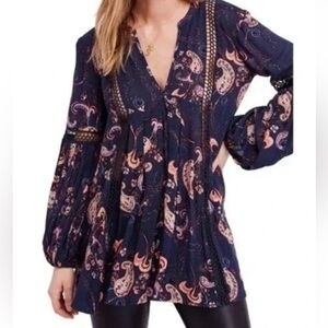 Free People Navy and Multicolor Paisley Blouse